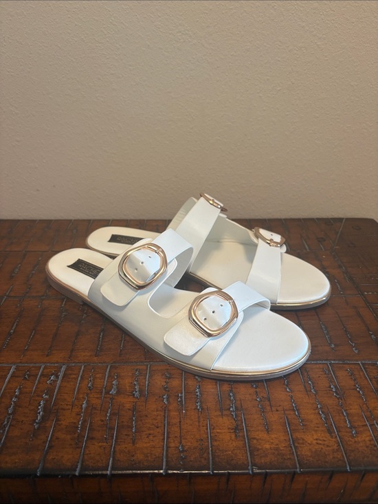 RACHEL Rachel Roy Shoes - RACHEL Rachel Roy White Double-Buckle Slide Sandals with Gold Buckles